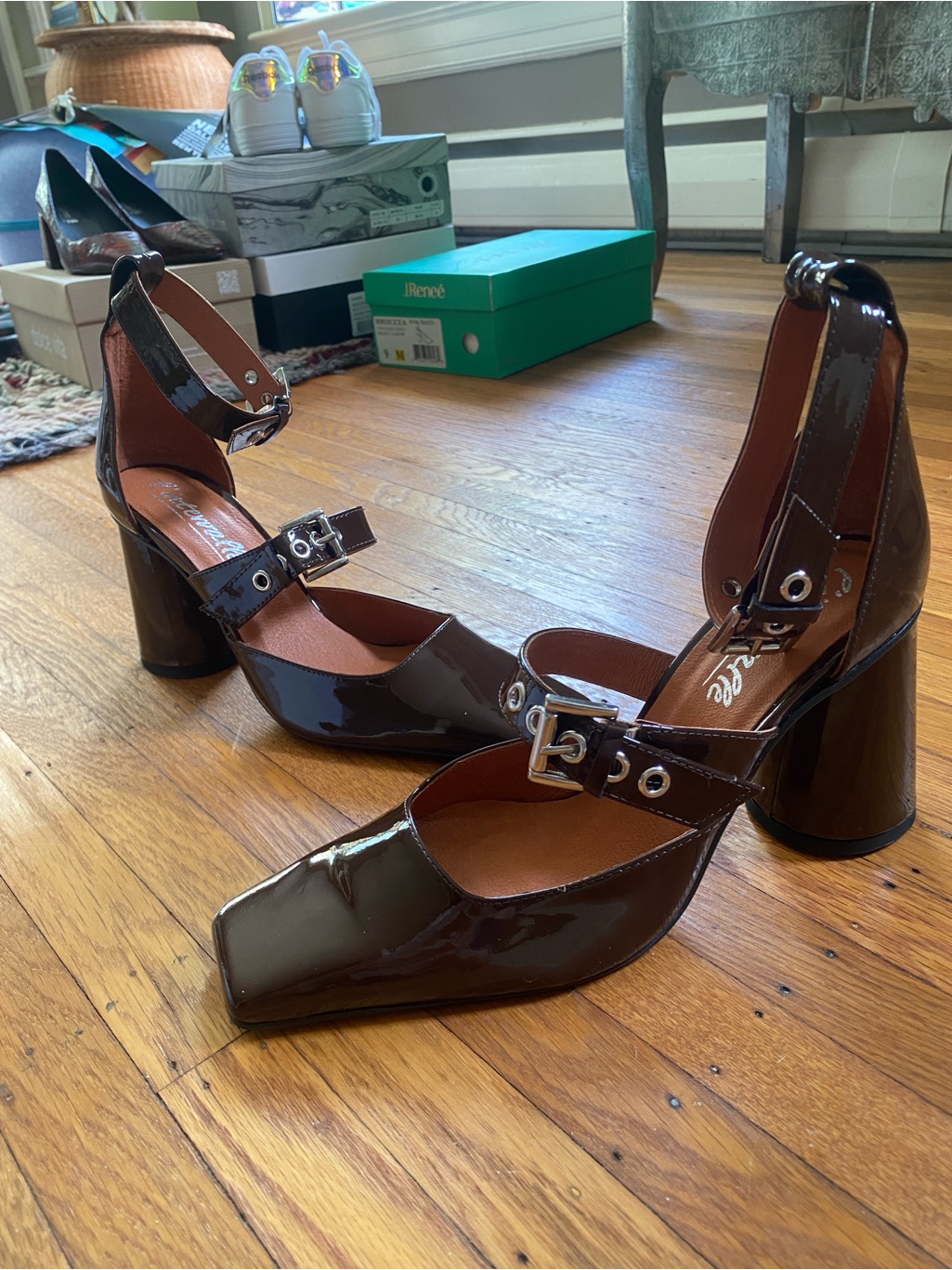 L'intervalle Brown Patent Triple-Strap Block Heel Pumps — image 4 of 5